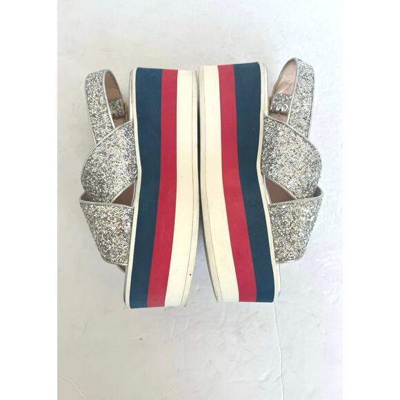 Auth Gucci Cross Sparkly Straps Red White Blue Platform Slingback Sandals Sz 4.5 - Picture 6 of 14